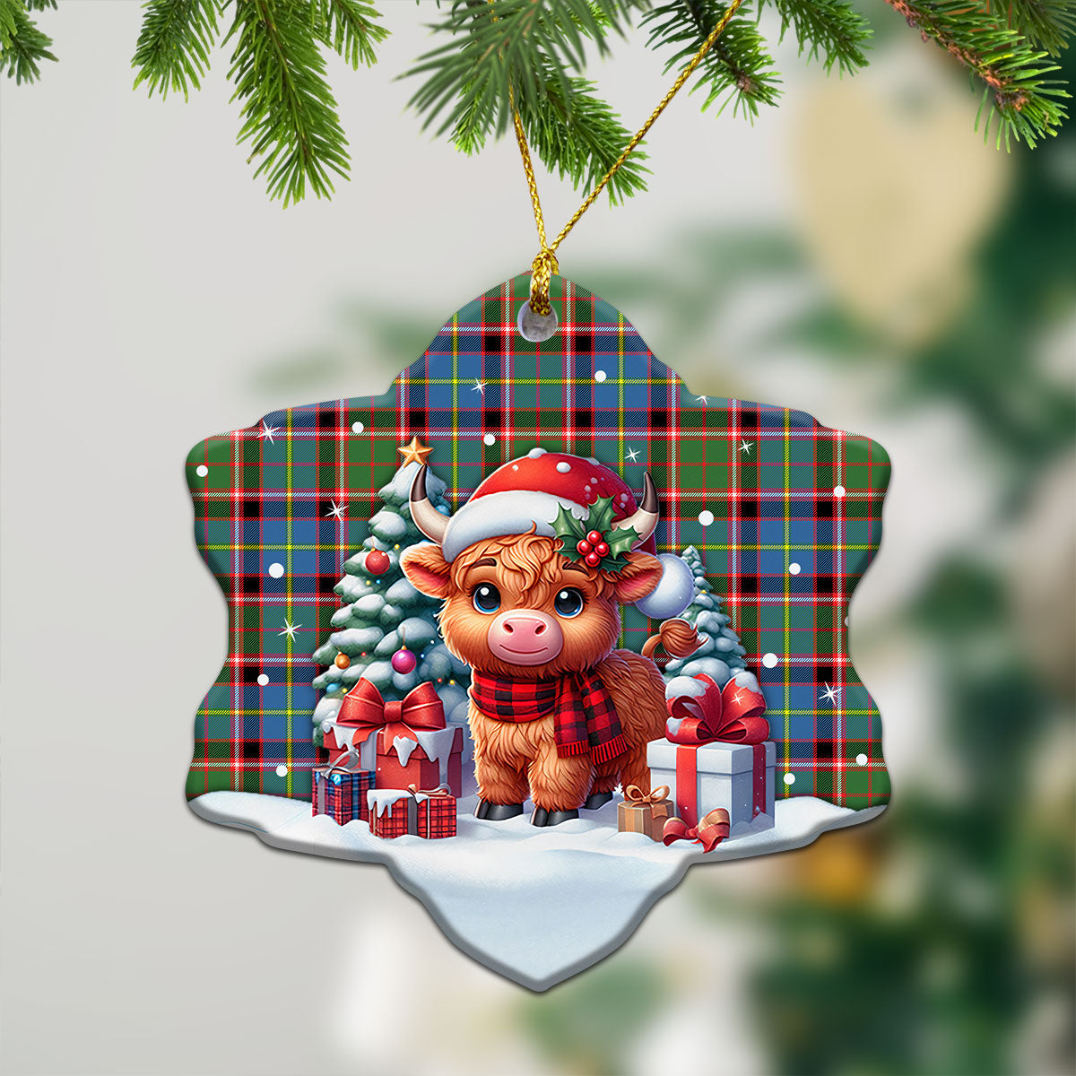 Aikenhead Tartan Christmas Ceramic Ornament - Highland Cow Winter Style