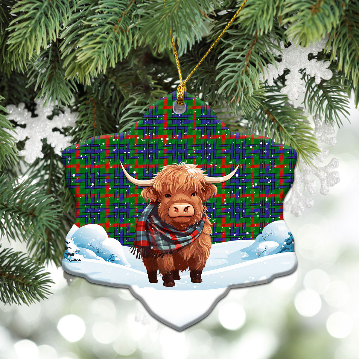 Aiton Tartan Christmas Ceramic Ornament - Highland Cows Snow Style