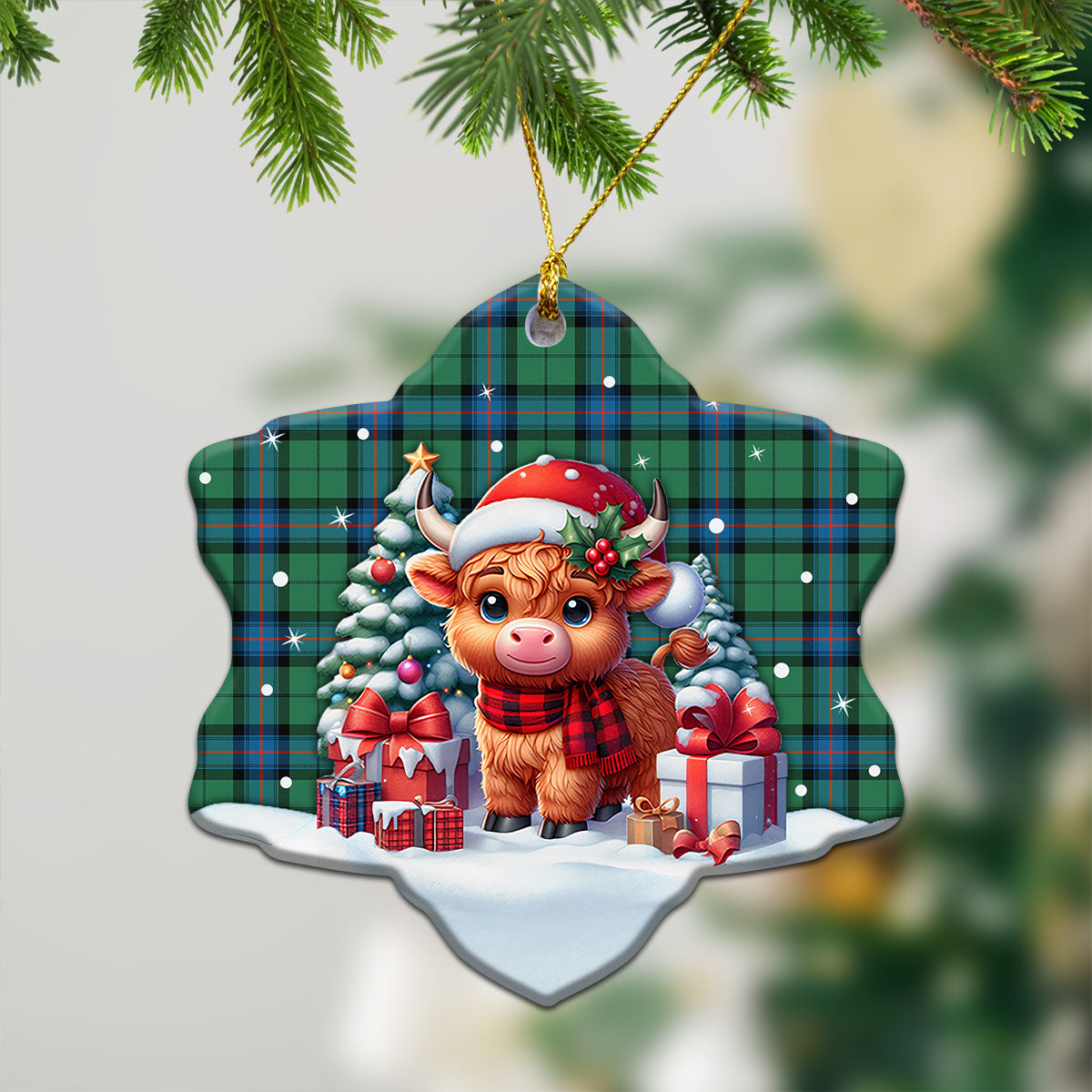 Armstrong Ancient Tartan Christmas Ceramic Ornament - Highland Cow Winter Style