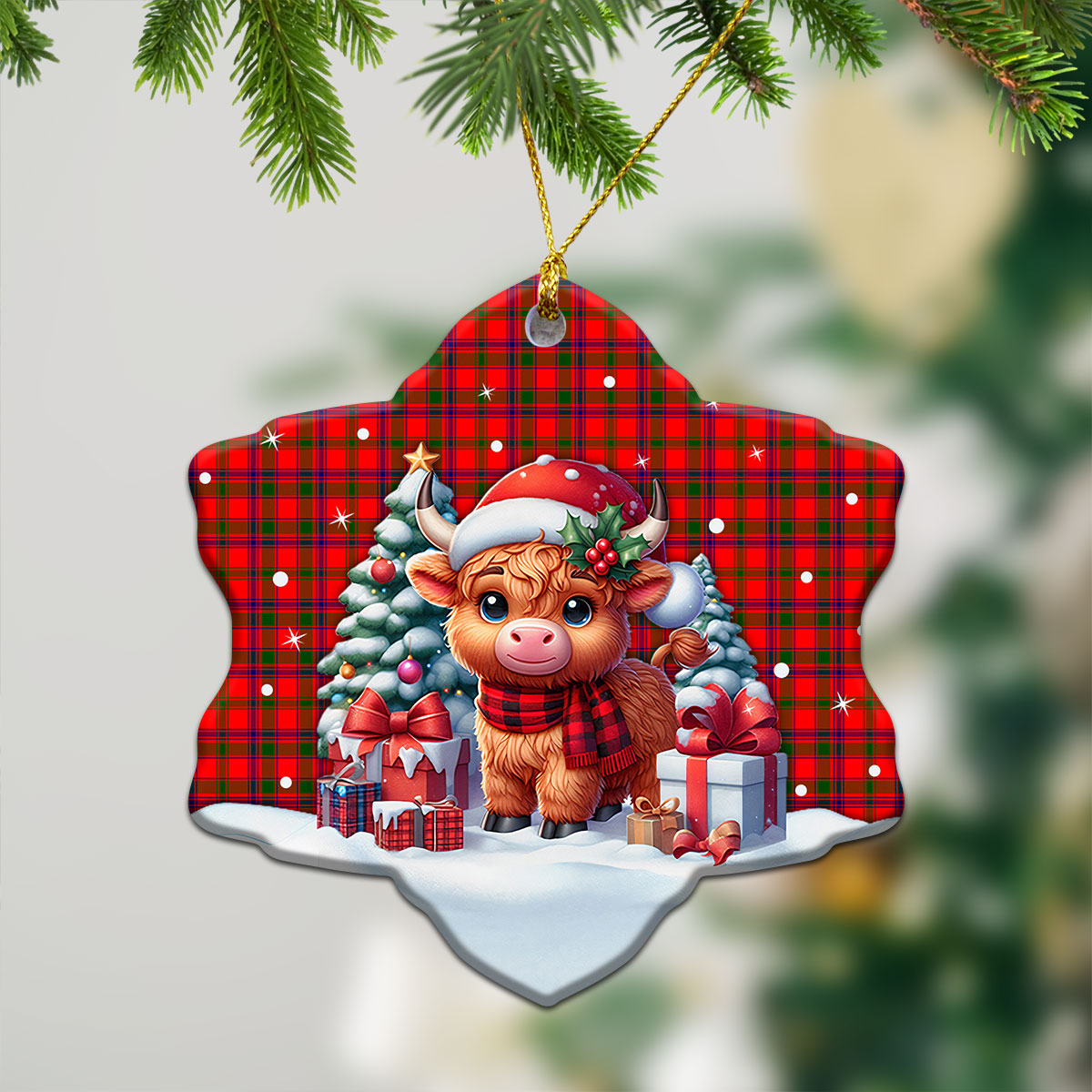 Bain Tartan Christmas Ceramic Ornament - Highland Cow Winter Style