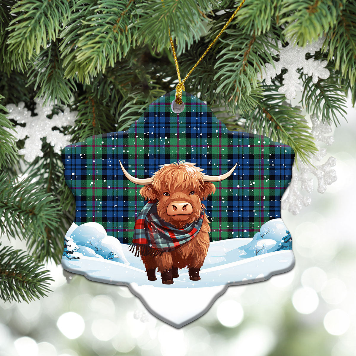 Baird Ancient Tartan Christmas Ceramic Ornament - Highland Cows Snow Style