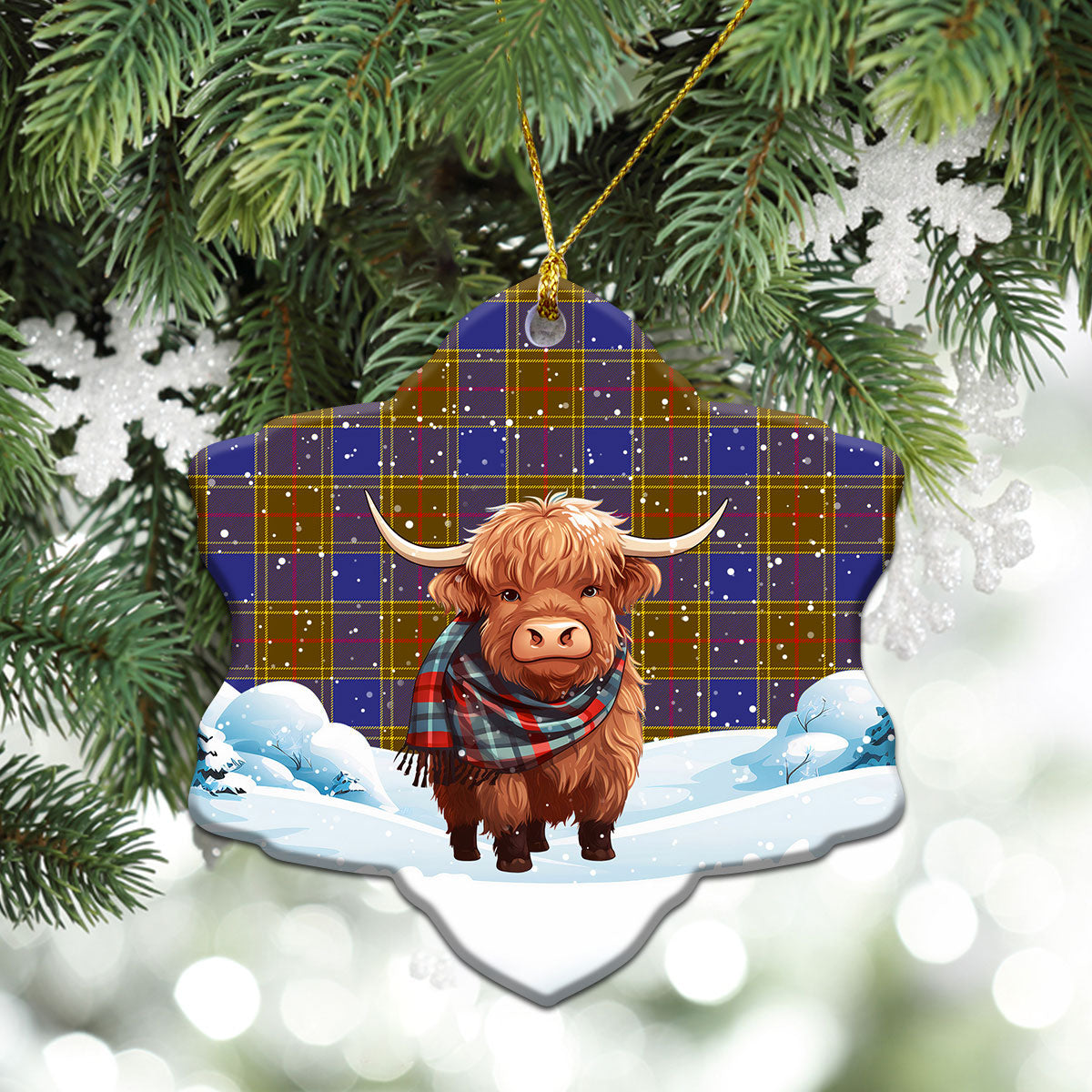 Balfour Modern Tartan Christmas Ceramic Ornament - Highland Cows Snow Style