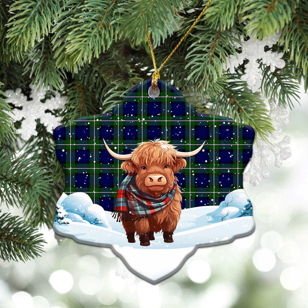 Bannerman Tartan Christmas Ceramic Ornament - Highland Cows Snow Style