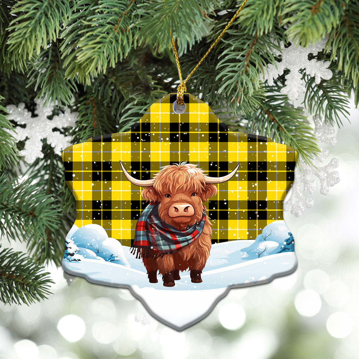 Barclay Dress Modern Tartan Christmas Ceramic Ornament - Highland Cows Snow Style