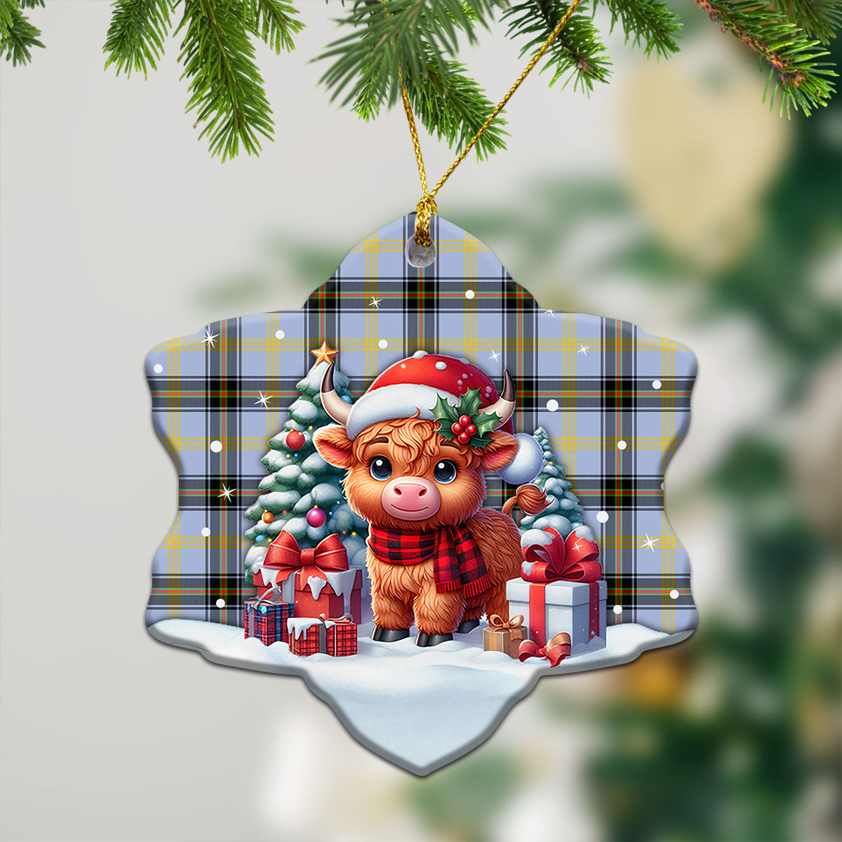 Bell of the Borders Tartan Christmas Ceramic Ornament - Highland Cow Winter Style