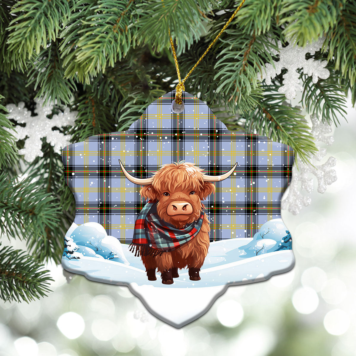 Bell of the Borders Tartan Christmas Ceramic Ornament - Highland Cows Snow Style