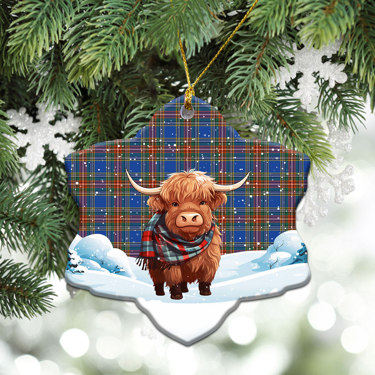 Bethune Ancient Tartan Christmas Ceramic Ornament - Highland Cows Snow Style