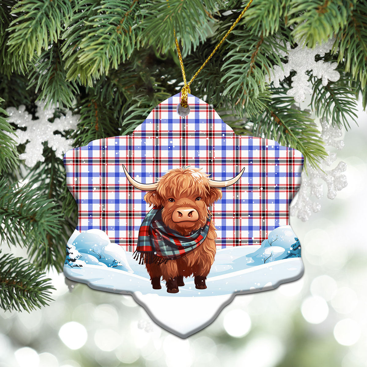 Boswell Modern Tartan Christmas Ceramic Ornament - Highland Cows Snow Style