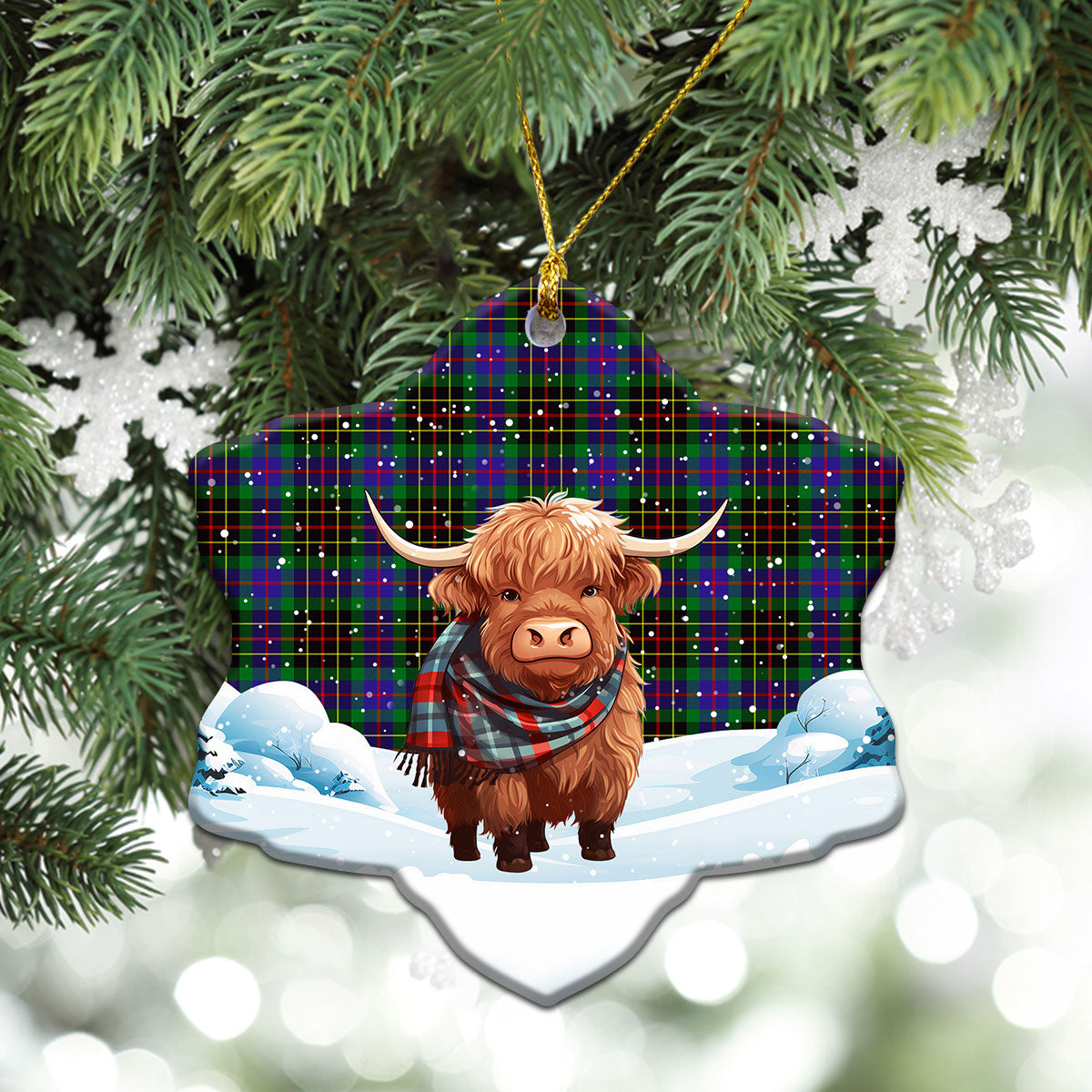 Brodie Hunting Modern Tartan Christmas Ceramic Ornament - Highland Cows Snow Style