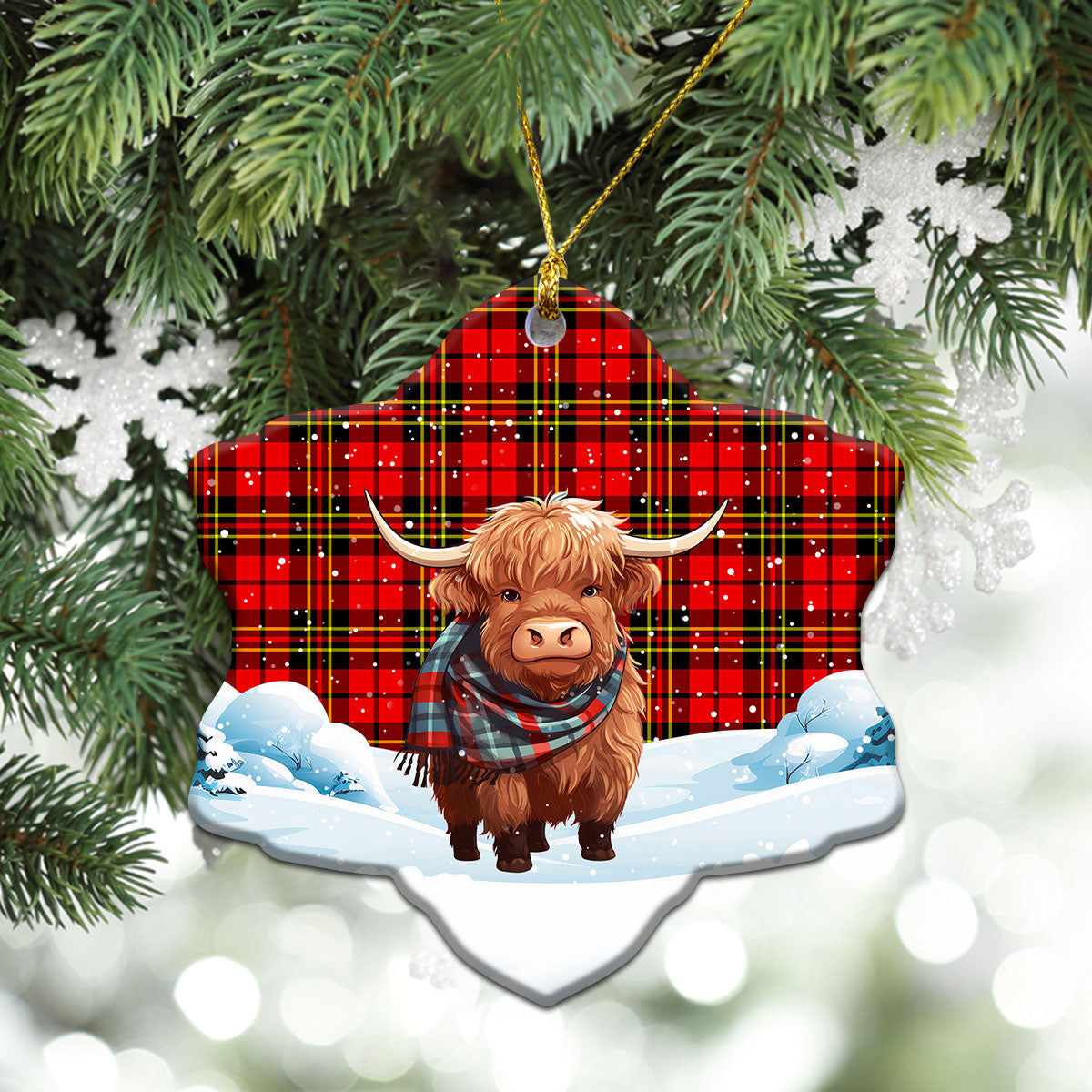 Brodie Modern Tartan Christmas Ceramic Ornament - Highland Cows Snow Style