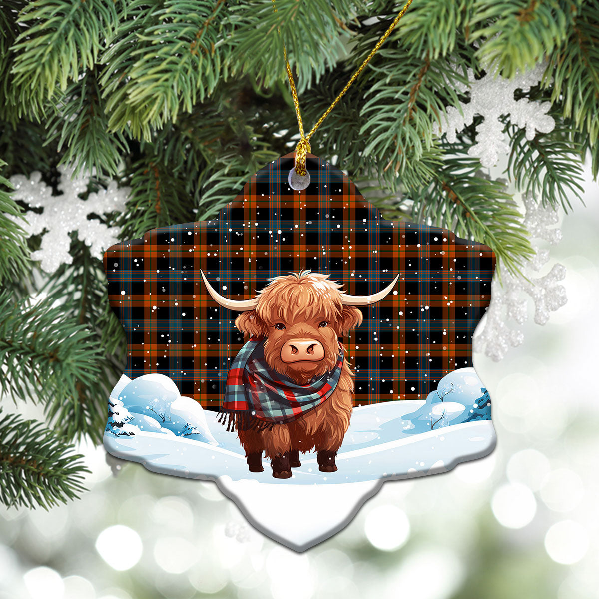 Broun Ancient Tartan Christmas Ceramic Ornament - Highland Cows Snow Style