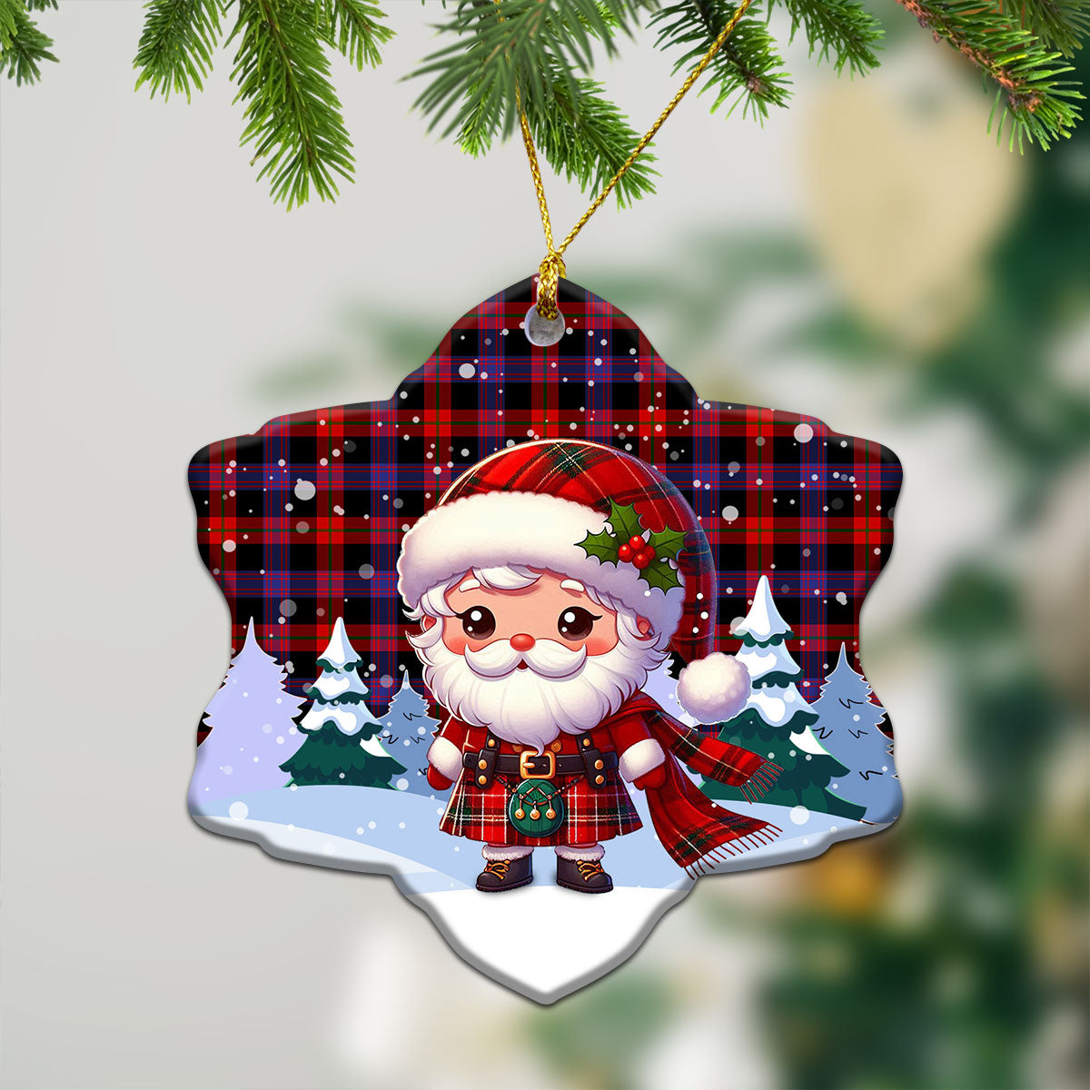 Broun Modern Tartan Christmas Ceramic Ornament - Santa Claus In Kilt Style