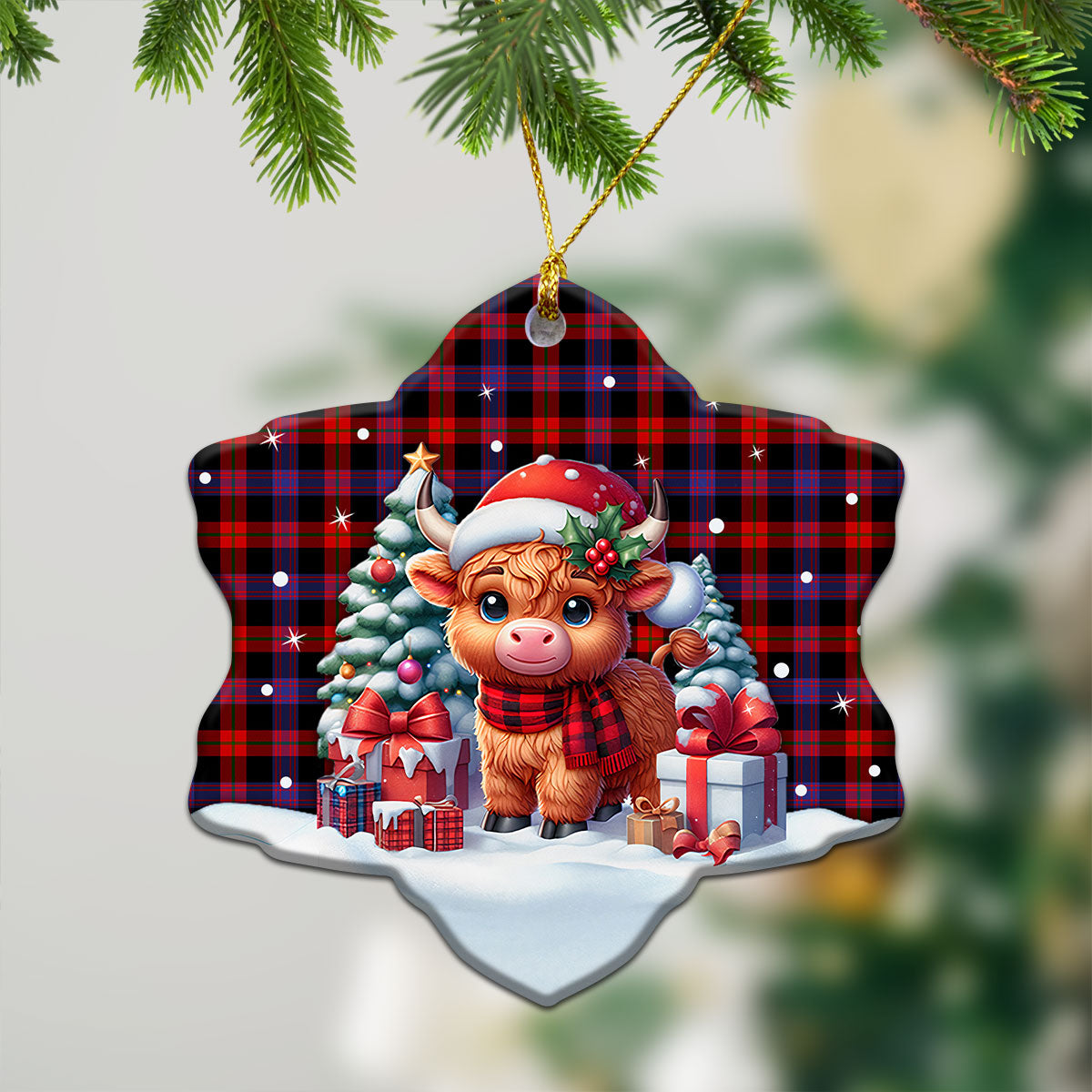 Brown Modern Tartan Christmas Ceramic Ornament - Highland Cow Winter Style