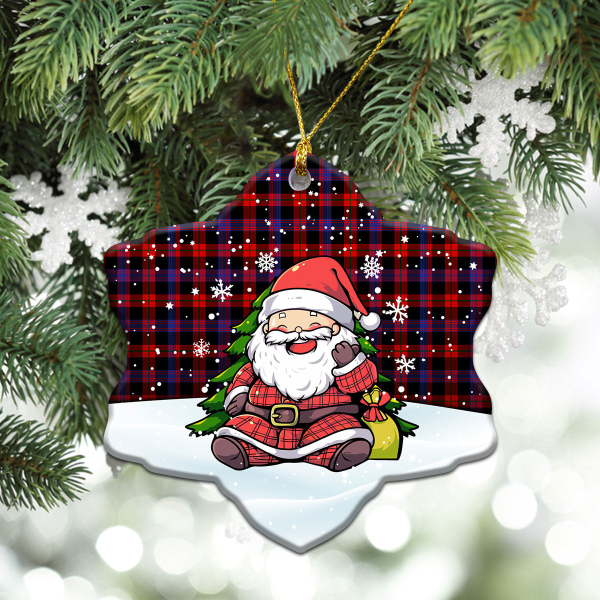 Brown Modern Tartan Christmas Ceramic Ornament - Scottish Santa Style