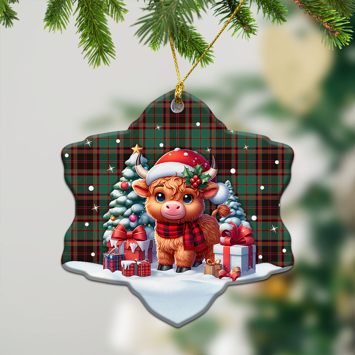 Buchan Ancient Tartan Christmas Ceramic Ornament - Highland Cow Winter Style