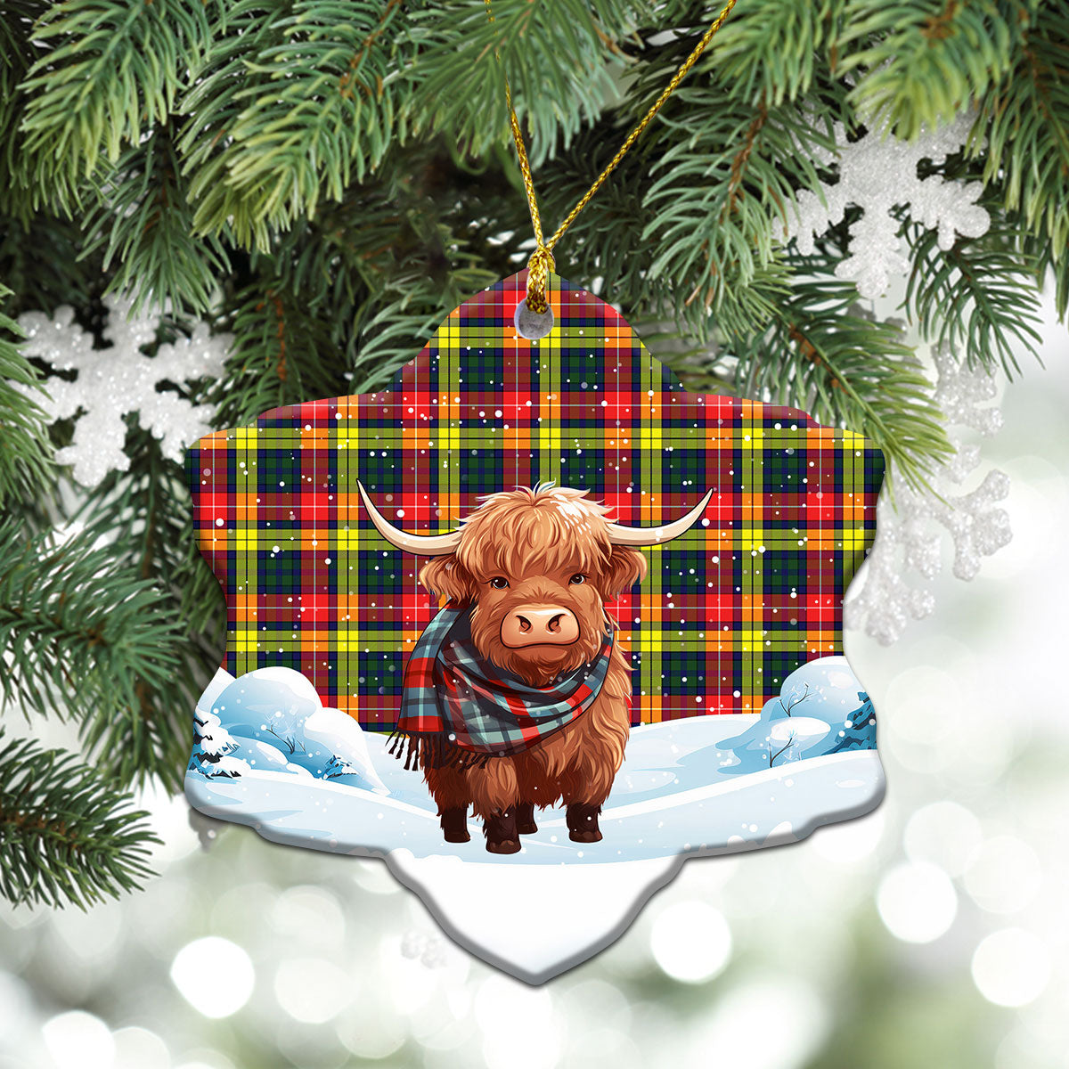 Buchanan Modern Tartan Christmas Ceramic Ornament - Highland Cows Snow Style