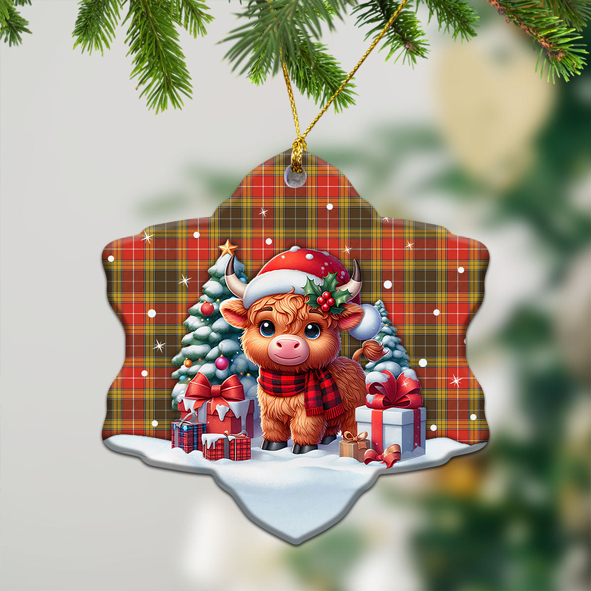 Buchanan Old Set Weathered Tartan Christmas Ceramic Ornament - Highland Cow Winter Style