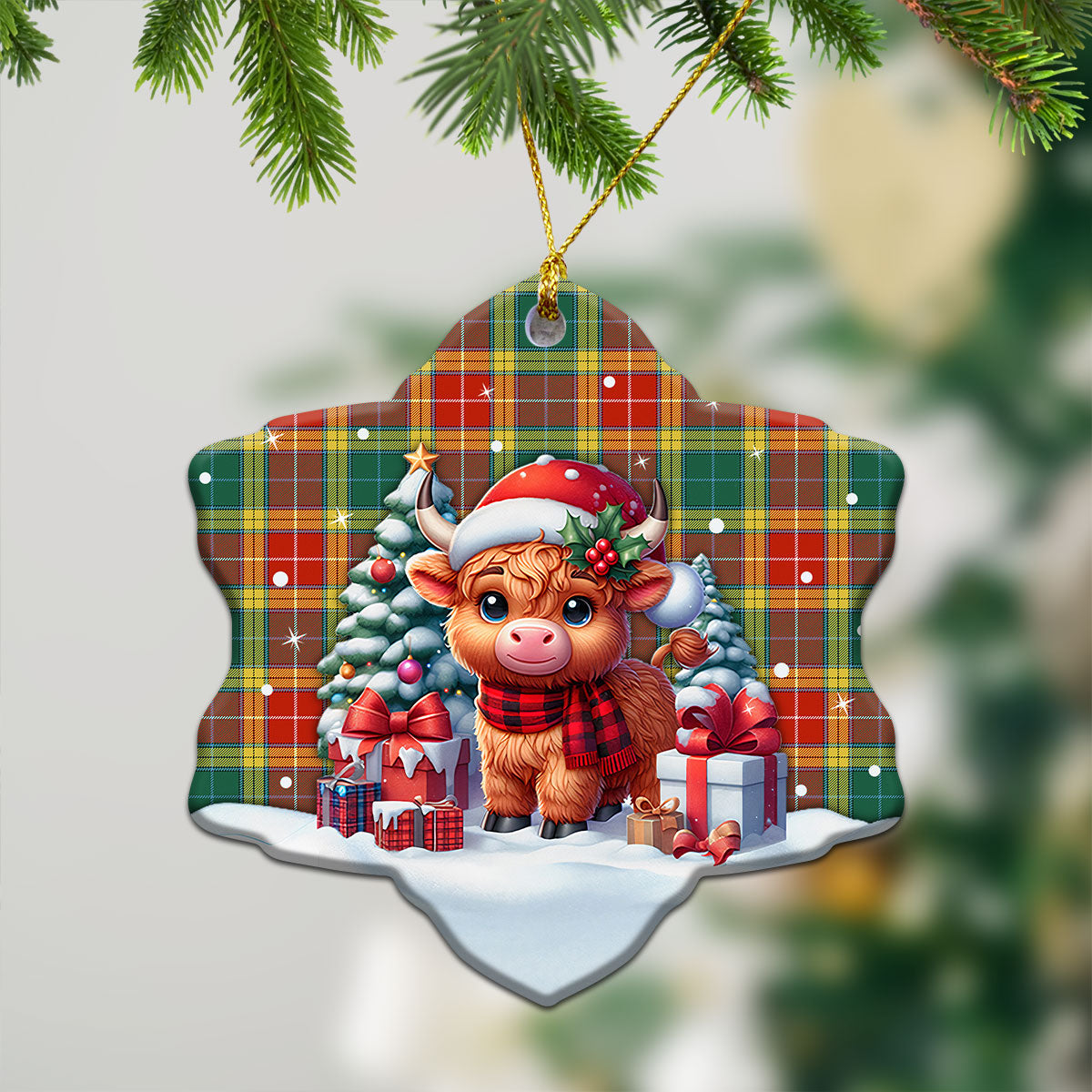 Buchanan Old Sett Tartan Christmas Ceramic Ornament - Highland Cow Winter Style