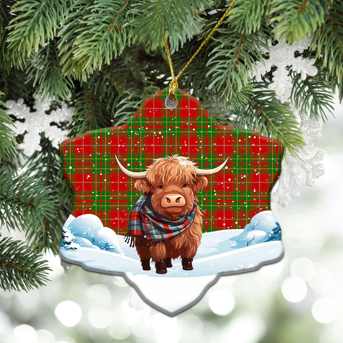 Burnett Ancient Tartan Christmas Ceramic Ornament - Highland Cows Snow Style