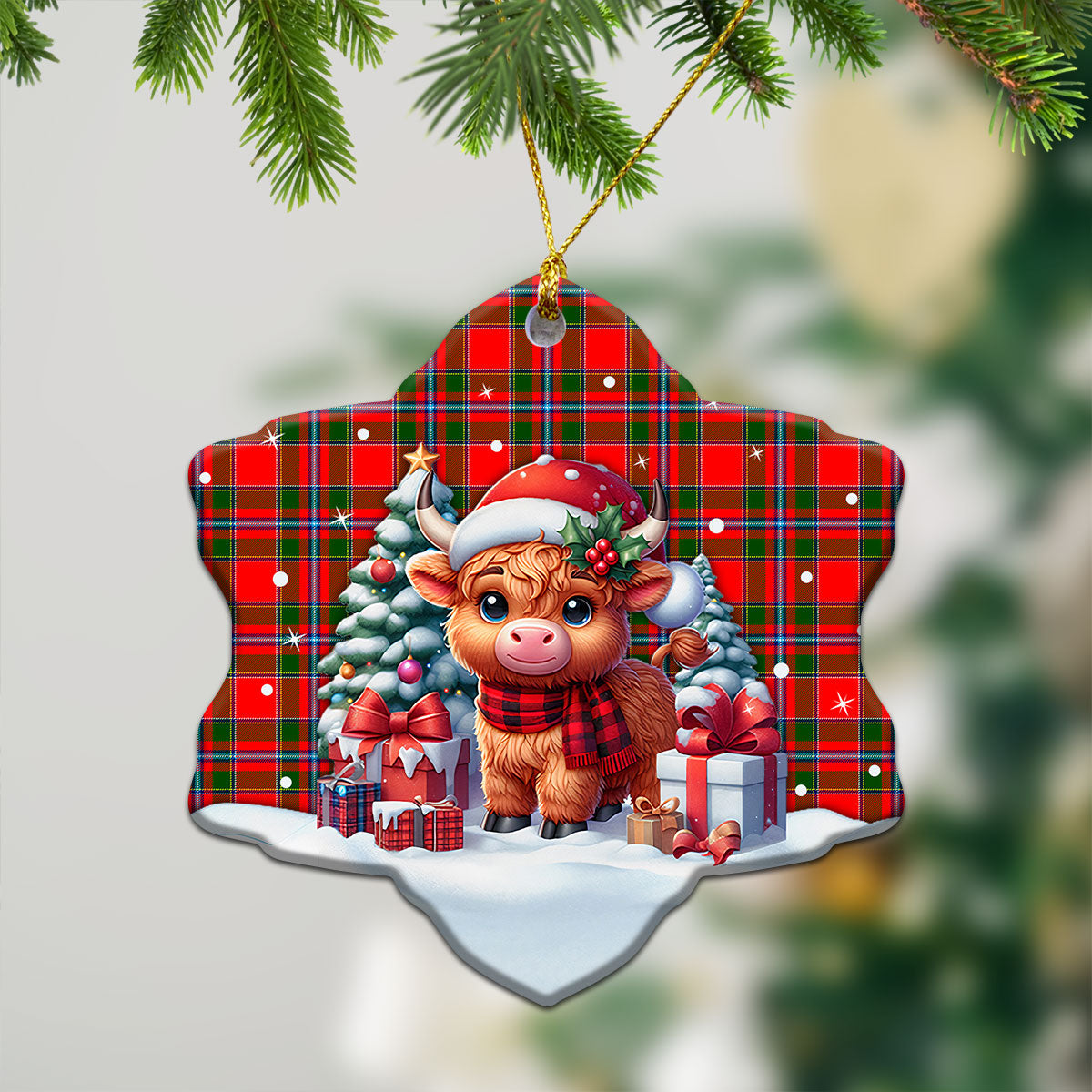 Butter Tartan Christmas Ceramic Ornament - Highland Cow Winter Style