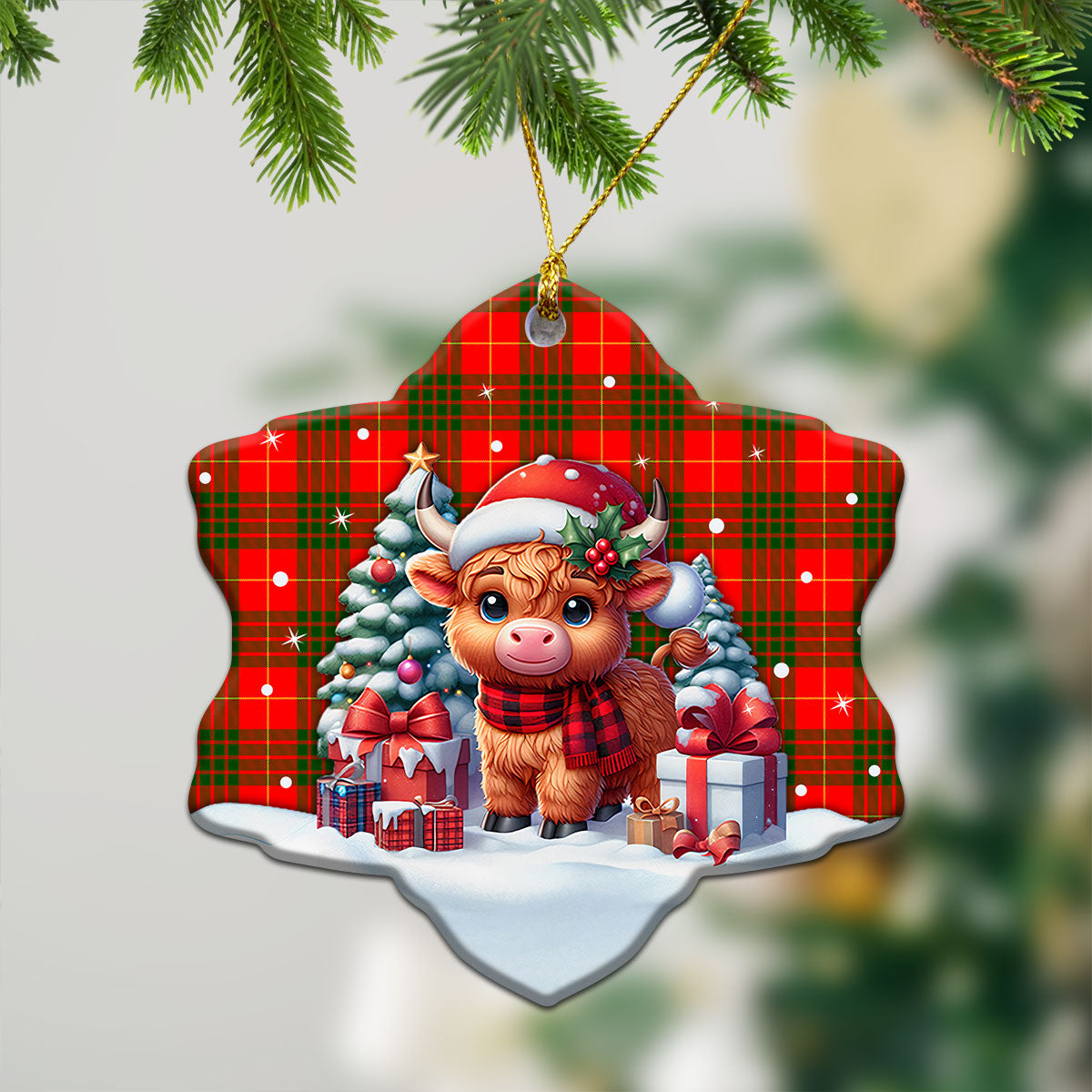 Cameron Modern Tartan Christmas Ceramic Ornament - Highland Cow Winter Style