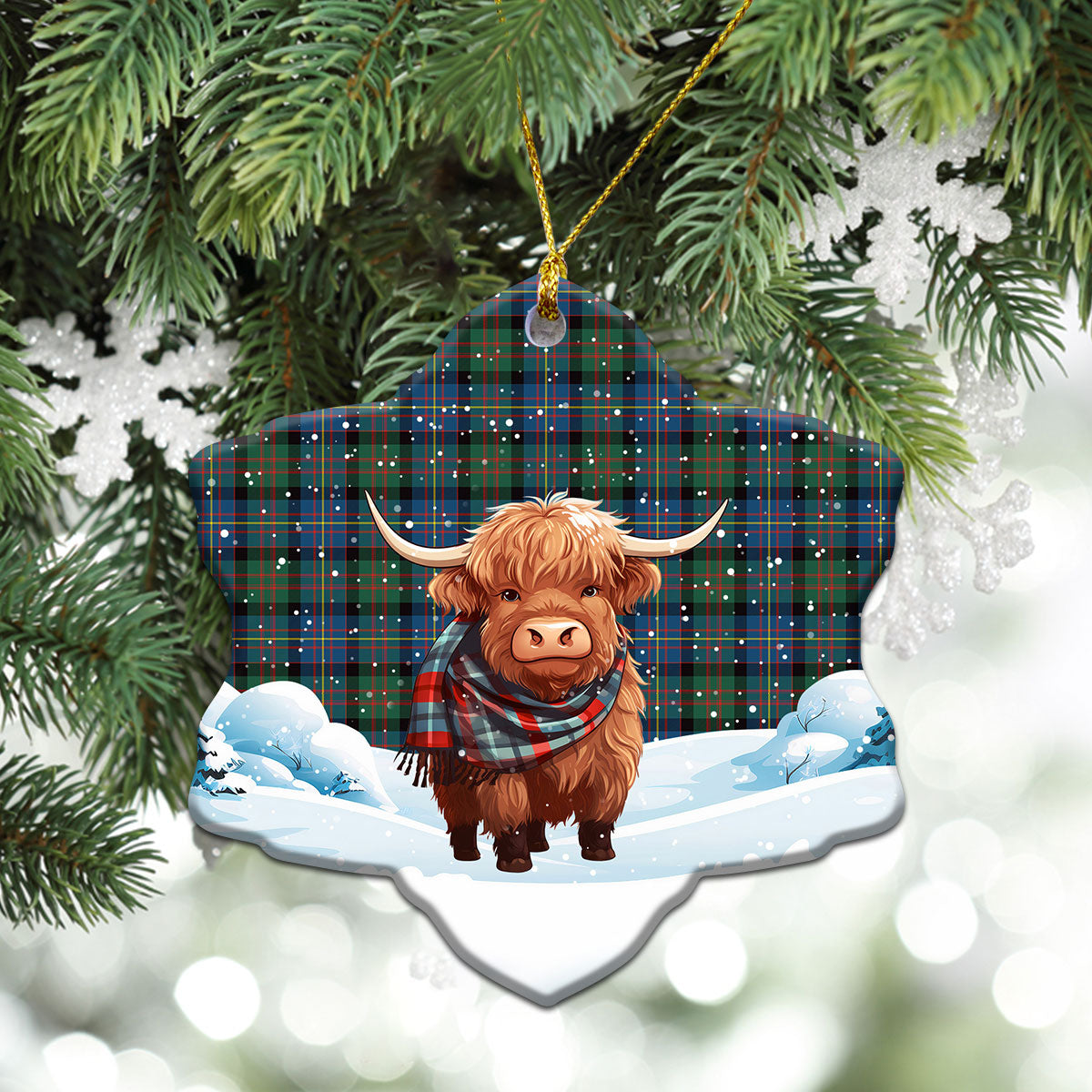 Cameron of Erracht Ancient Tartan Christmas Ceramic Ornament - Highland Cows Snow Style