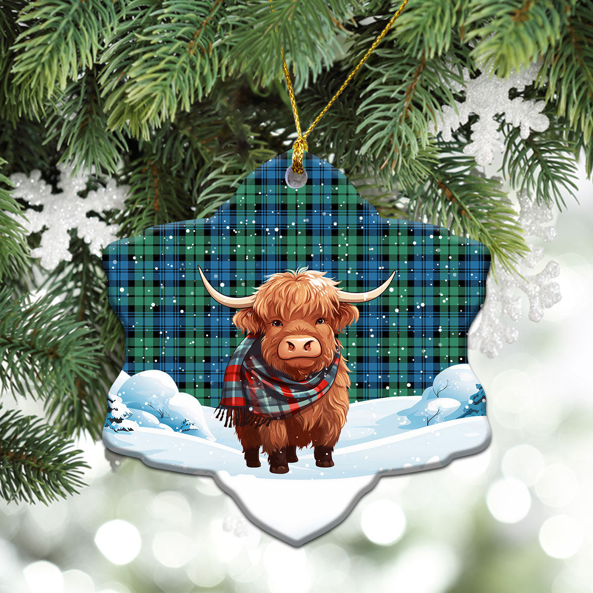 Campbell Ancient 01 Tartan Christmas Ceramic Ornament - Highland Cows Snow Style