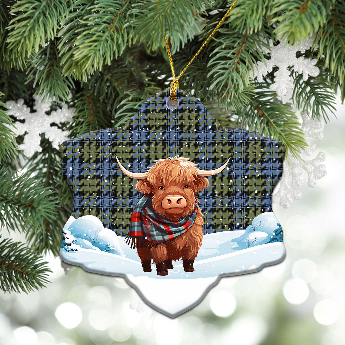 Campbell Faded Tartan Christmas Ceramic Ornament - Highland Cows Snow Style