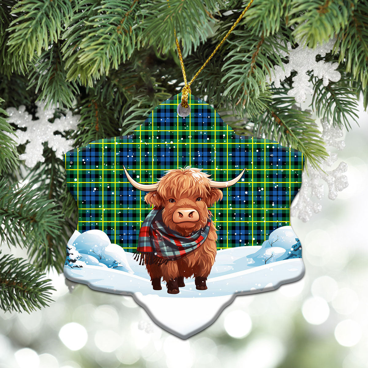 Campbell of Breadalbane Ancient Tartan Christmas Ceramic Ornament - Highland Cows Snow Style