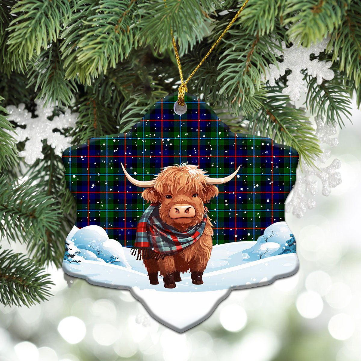 Campbell of Cawdor Modern Tartan Christmas Ceramic Ornament - Highland Cows Snow Style