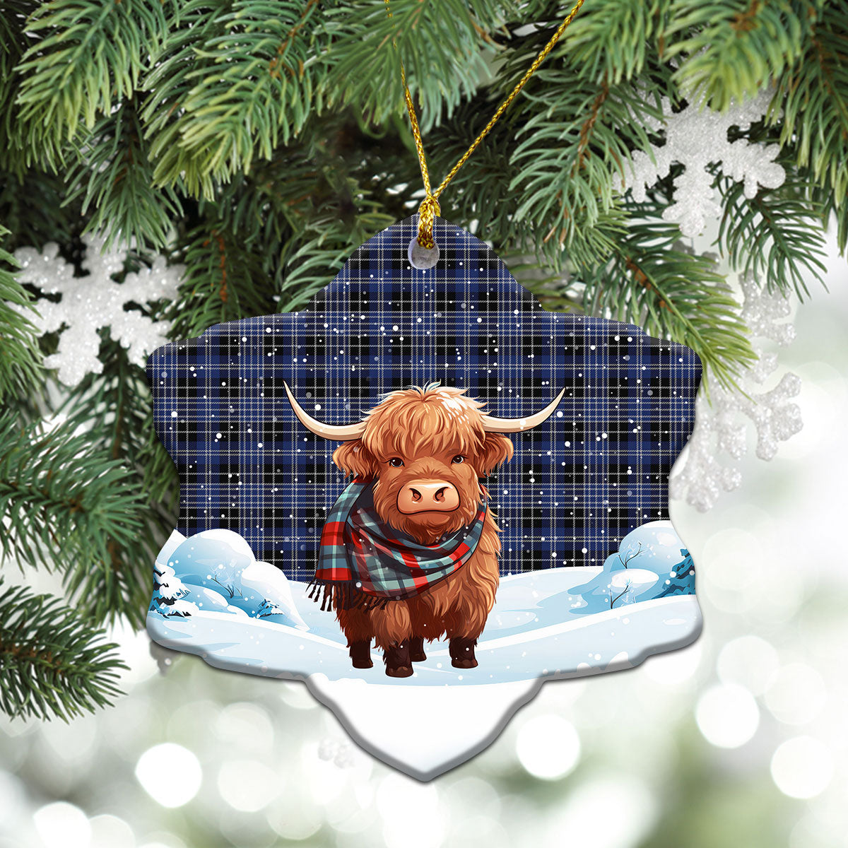 Clark Modern Tartan Christmas Ceramic Ornament - Highland Cows Snow Style