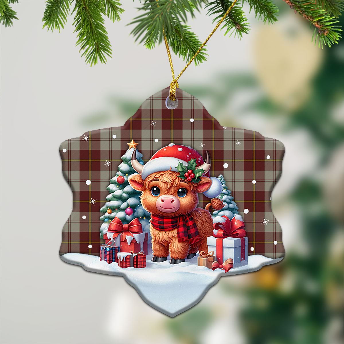 Cunningham Burgundy Dancers Tartan Christmas Ceramic Ornament - Highland Cow Winter Style