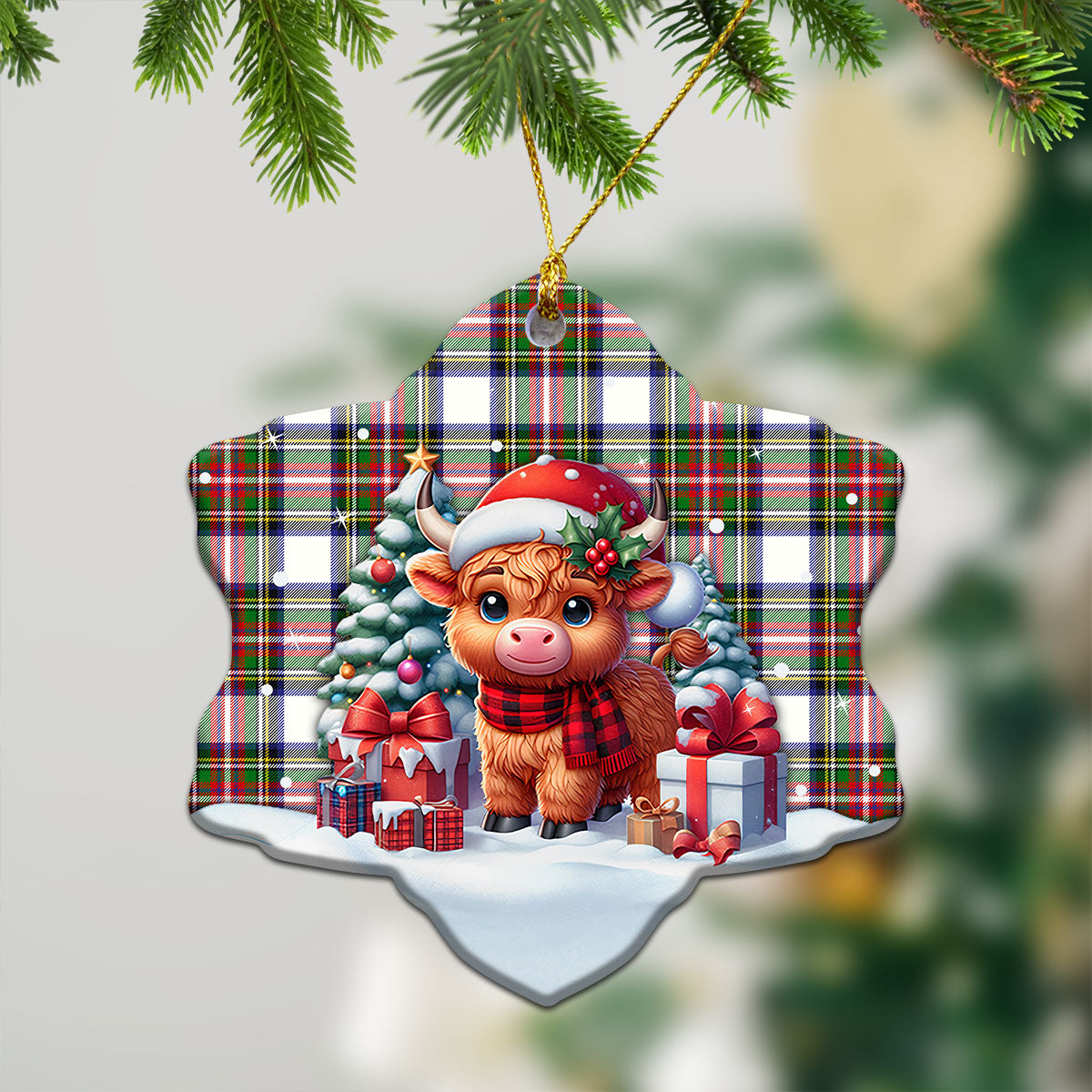 Dennistoun Tartan Christmas Ceramic Ornament - Highland Cow Winter Style