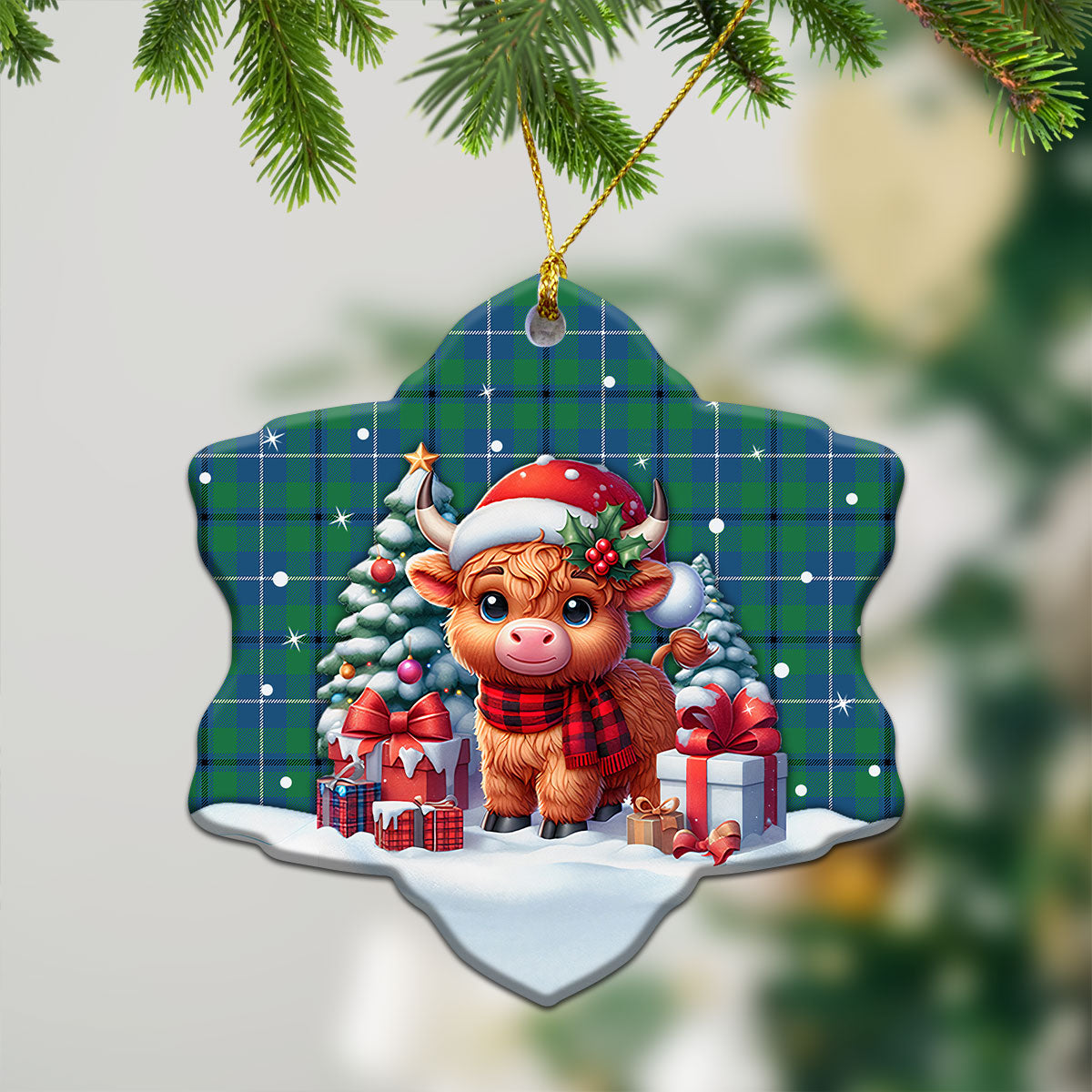 Douglas Ancient Tartan Christmas Ceramic Ornament - Highland Cow Winter Style