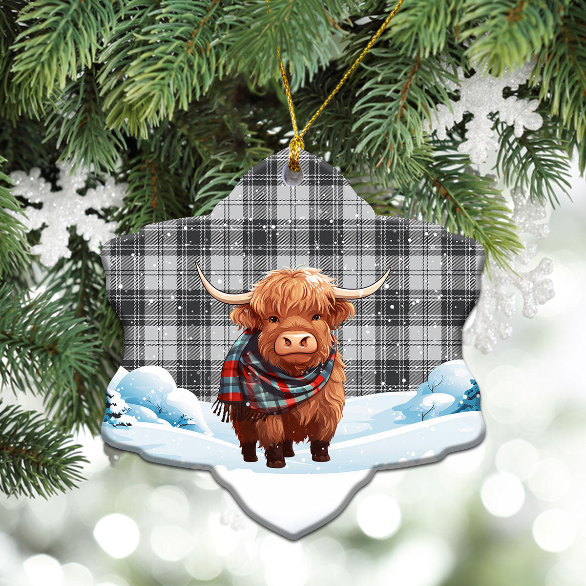 Douglas Grey Modern Tartan Christmas Ceramic Ornament - Highland Cows Snow Style