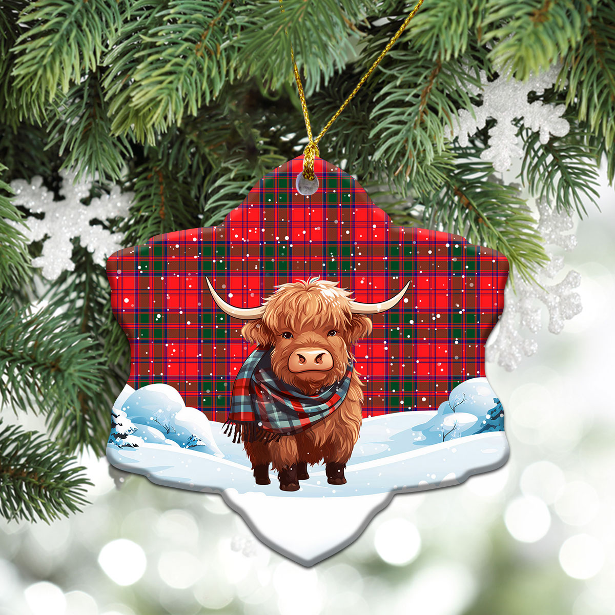 Drummond Modern Tartan Christmas Ceramic Ornament - Highland Cows Snow Style