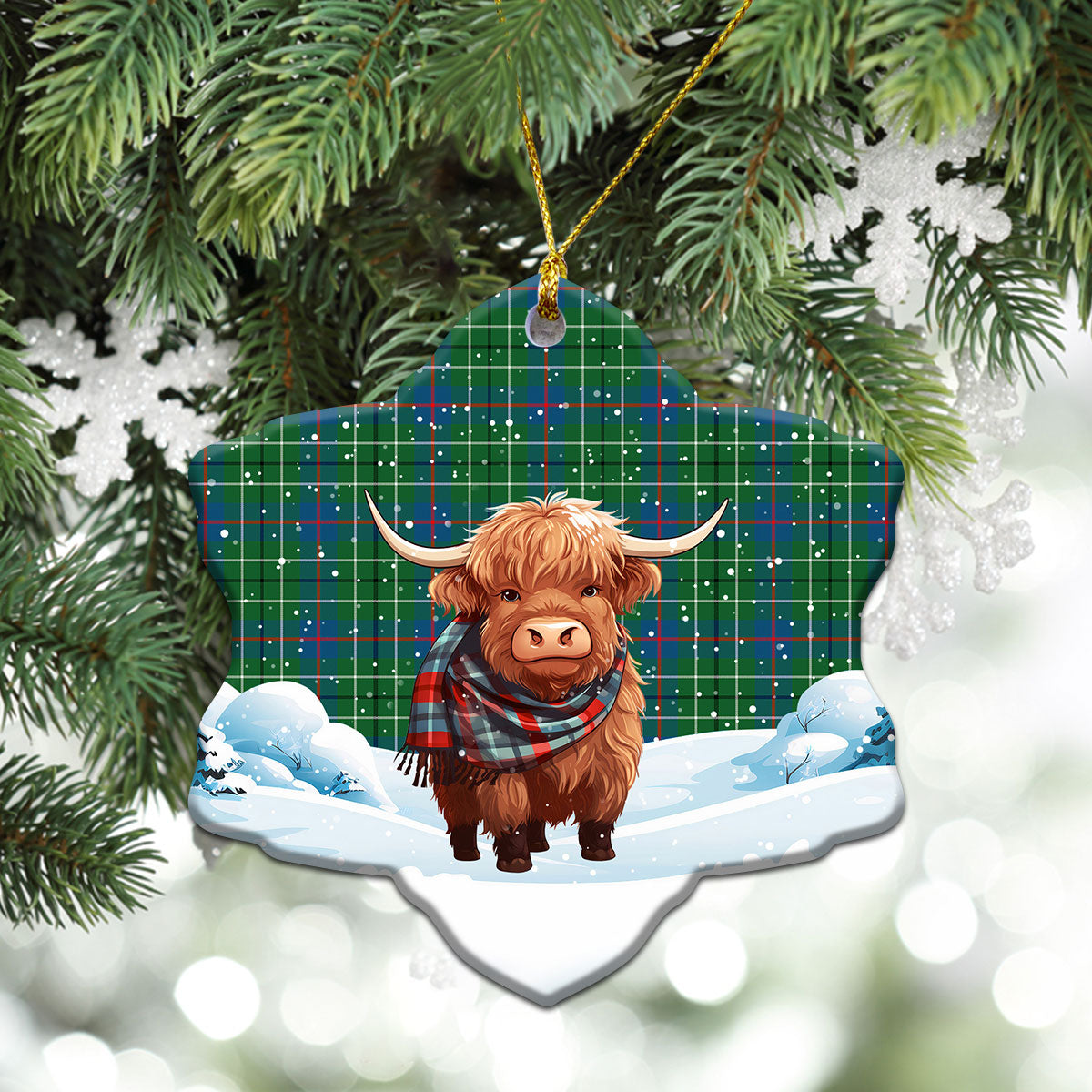 Duncan Ancient Tartan Christmas Ceramic Ornament - Highland Cows Snow Style