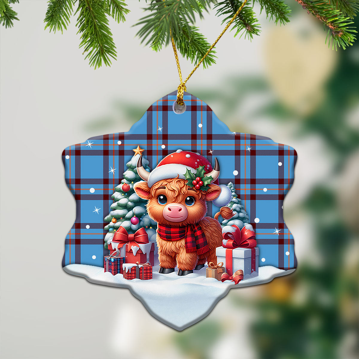 Elliott Ancient Tartan Christmas Ceramic Ornament - Highland Cow Winter Style