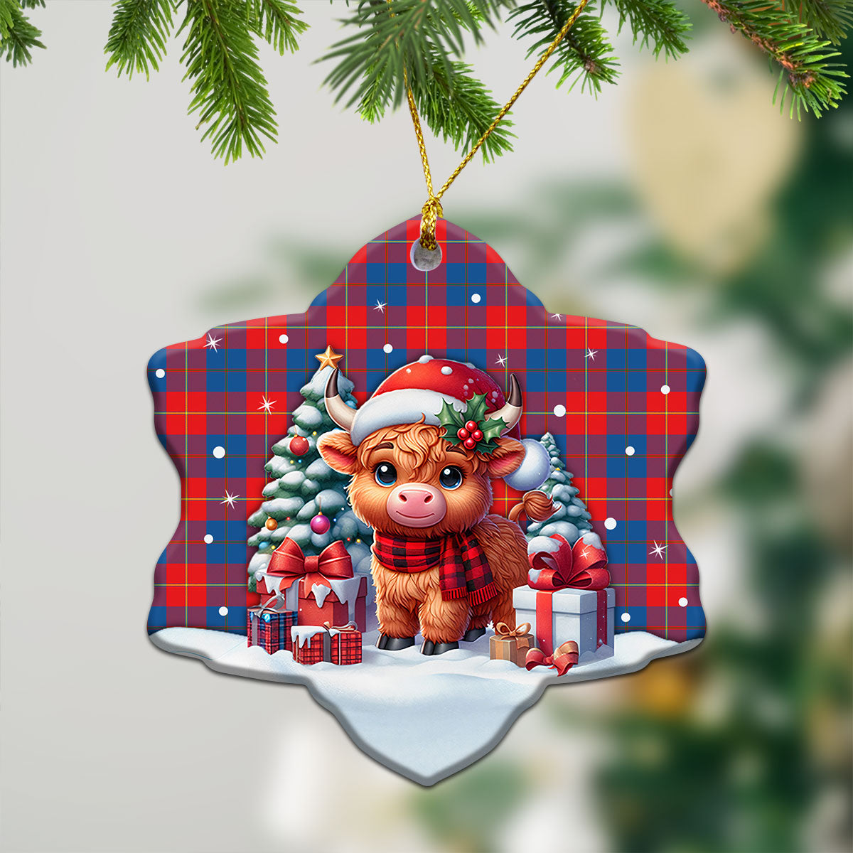 Galloway Red Tartan Christmas Ceramic Ornament - Highland Cow Winter Style