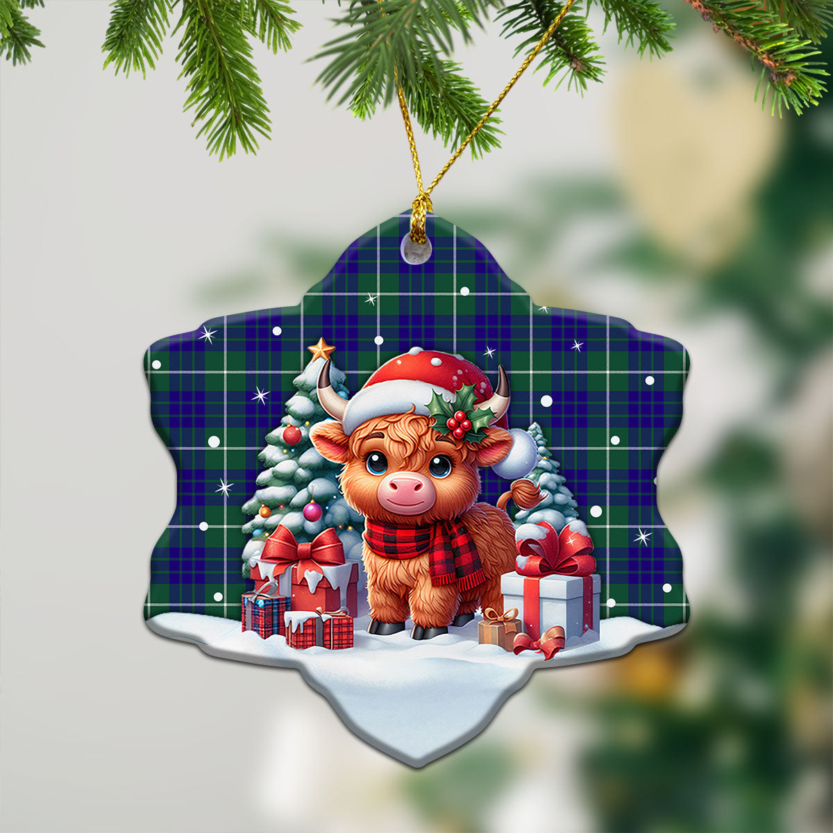 Hamilton Hunting Modern Tartan Christmas Ceramic Ornament - Highland Cow Winter Style