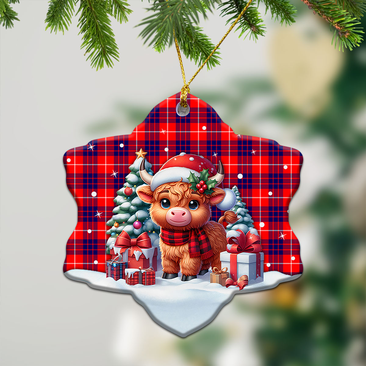 Hamilton Modern Tartan Christmas Ceramic Ornament - Highland Cow Winter Style