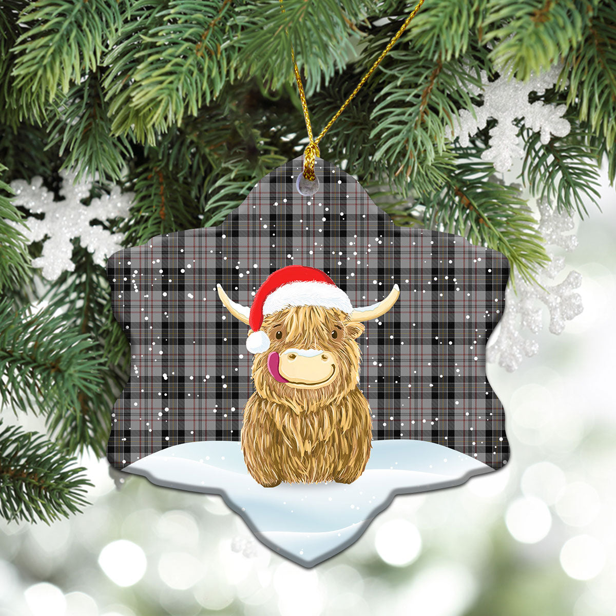 Harris Tartan Christmas Ceramic Ornament - Highland Cows Style