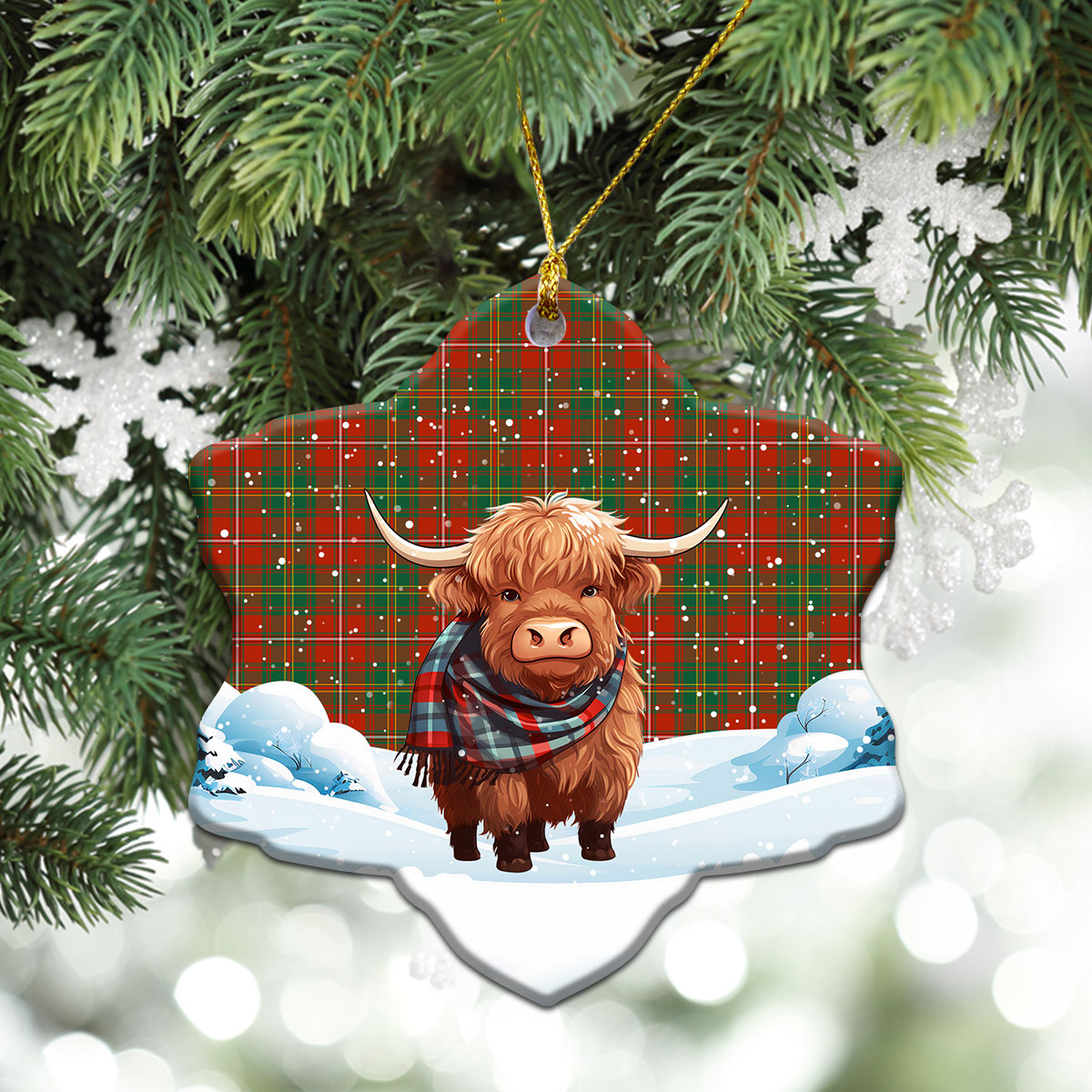 Hay Ancient Tartan Christmas Ceramic Ornament - Highland Cows Snow Style