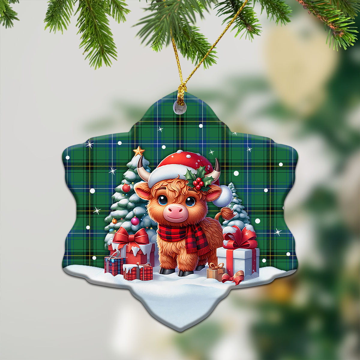 Henderson Ancient Tartan Christmas Ceramic Ornament - Highland Cow Winter Style