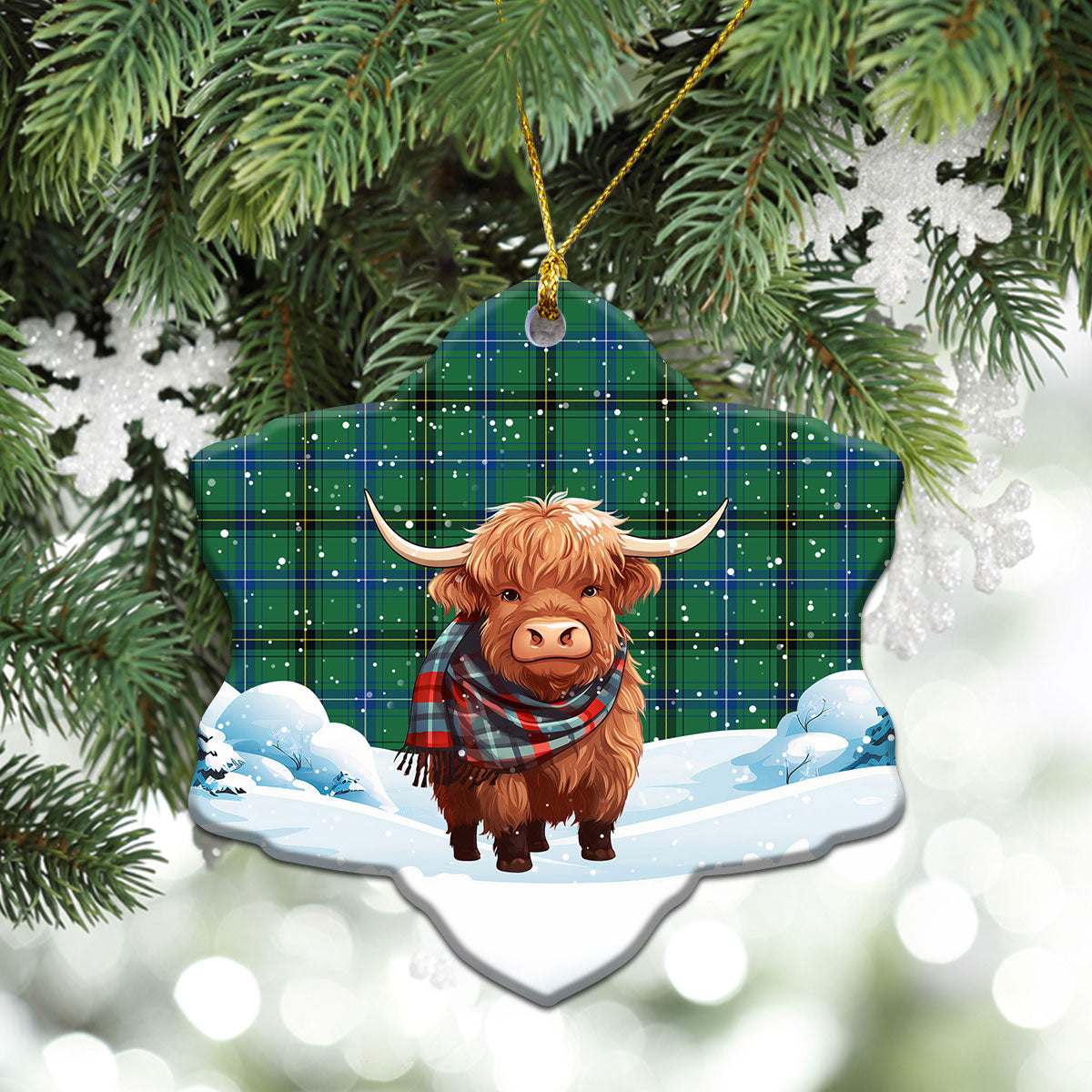 Henderson Ancient Tartan Christmas Ceramic Ornament - Highland Cows Snow Style