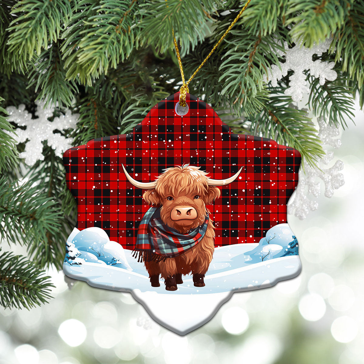 Hogg Tartan Christmas Ceramic Ornament - Highland Cows Snow Style