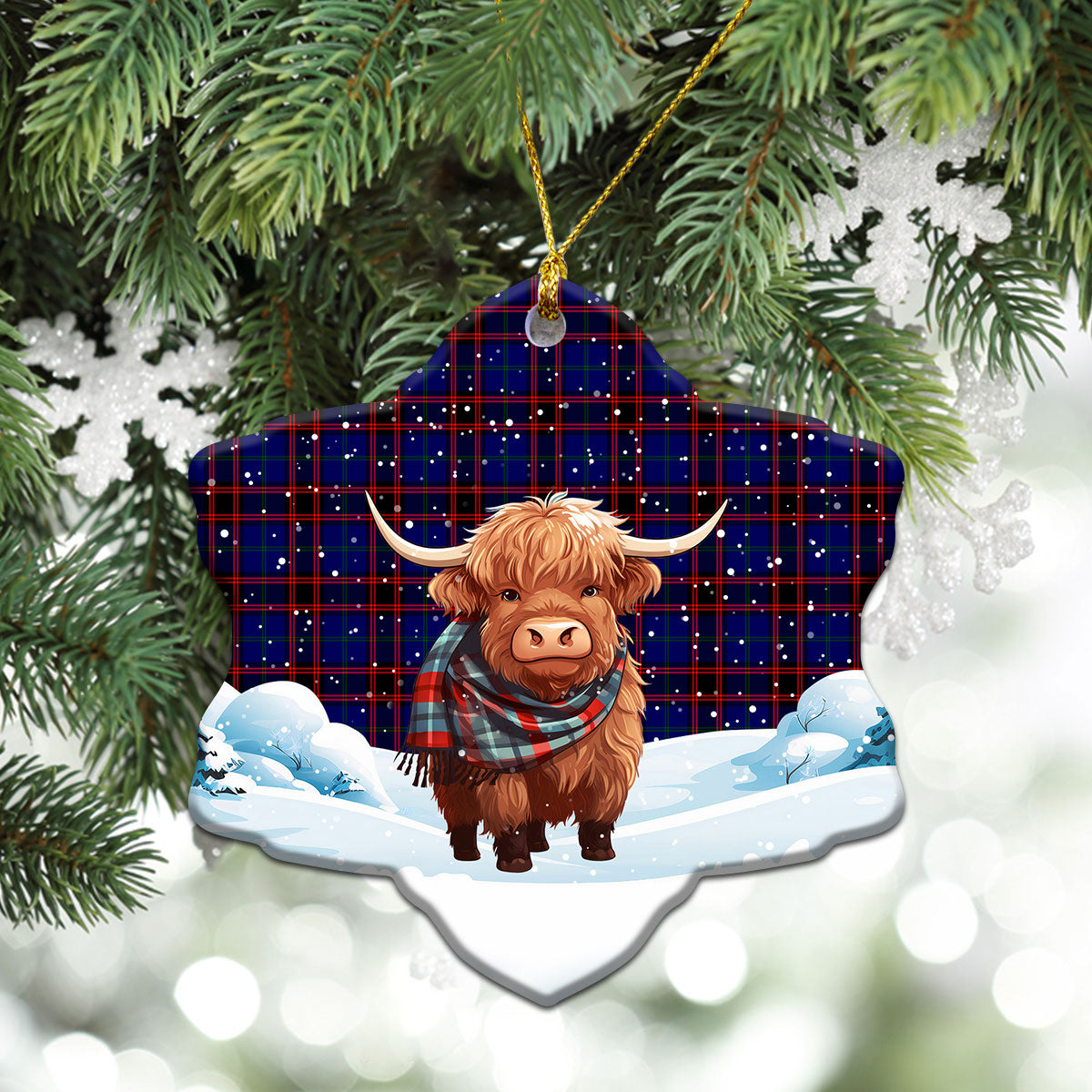 Home Modern Tartan Christmas Ceramic Ornament - Highland Cows Snow Style