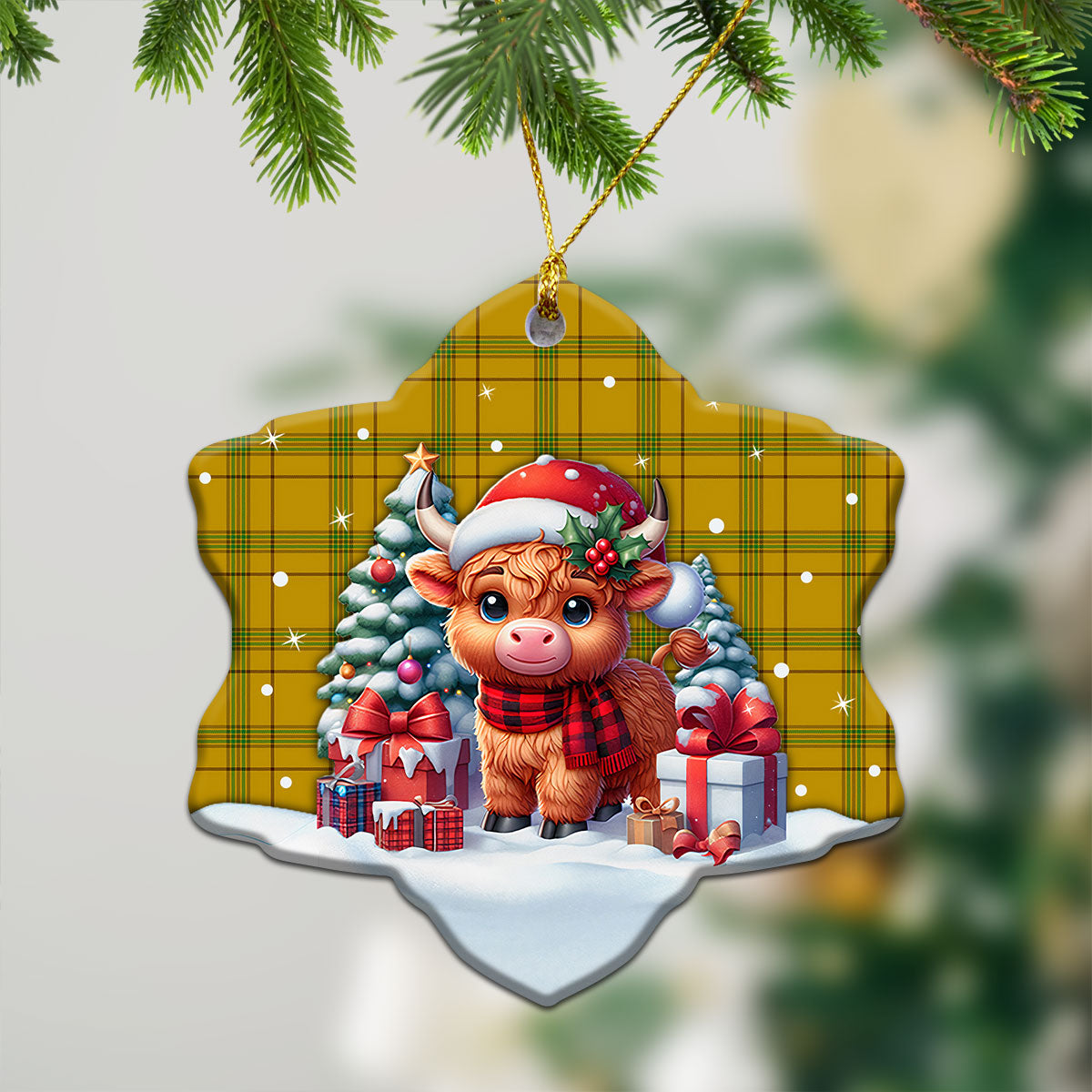 Houston Tartan Christmas Ceramic Ornament - Highland Cow Winter Style