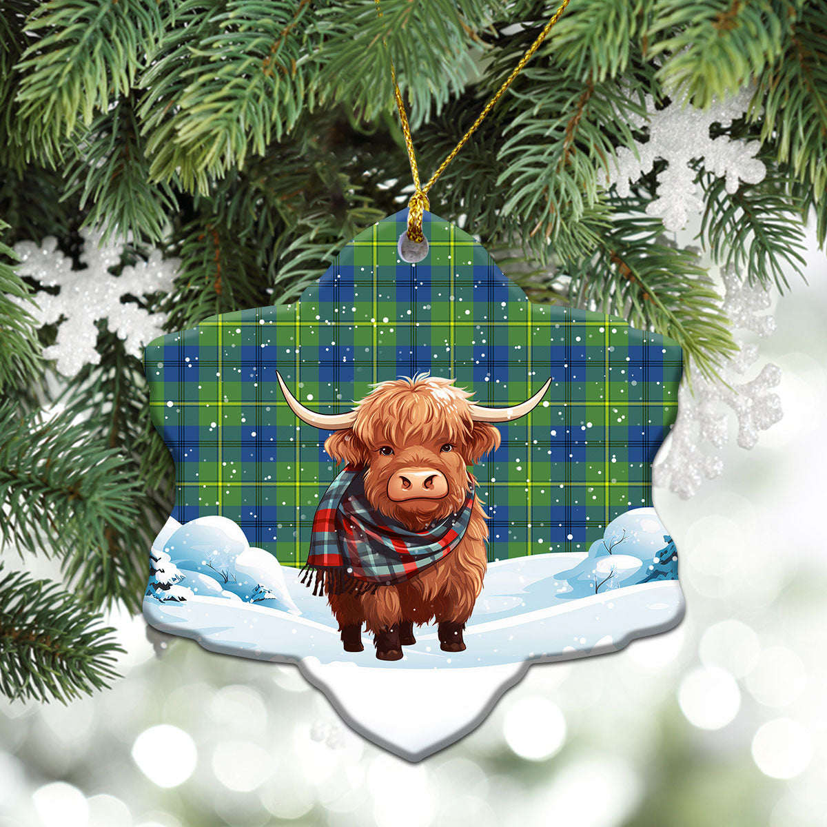 Johnston Ancient Tartan Christmas Ceramic Ornament - Highland Cows Snow Style