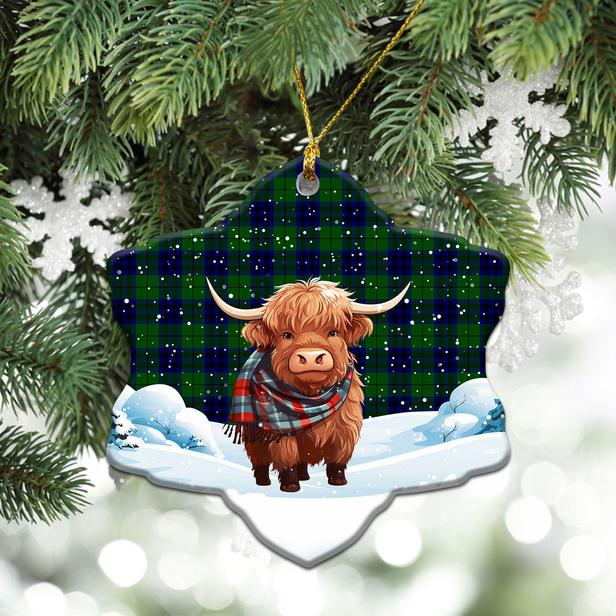 Keith Modern Tartan Christmas Ceramic Ornament - Highland Cows Snow Style